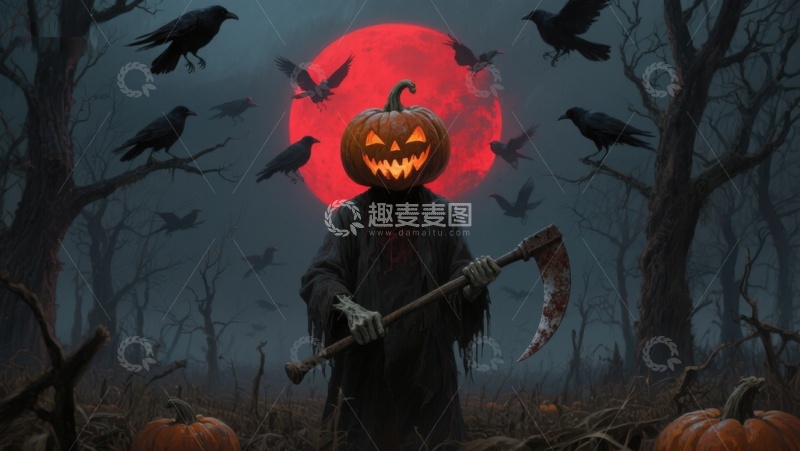 高清大图下载【趣麦麦图】南瓜头幽灵手持镰刀，月夜森林恐怖场景