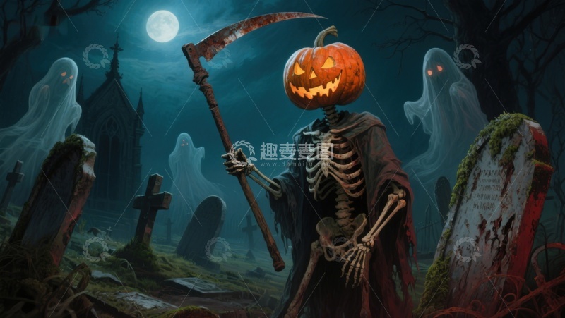 高清大图下载【趣麦麦图】万圣夜骷髅南瓜灯墓地幽灵