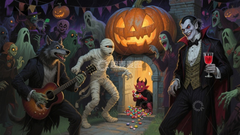 高清大图下载【趣麦麦图】万圣节派对：怪物们的欢乐夜晚