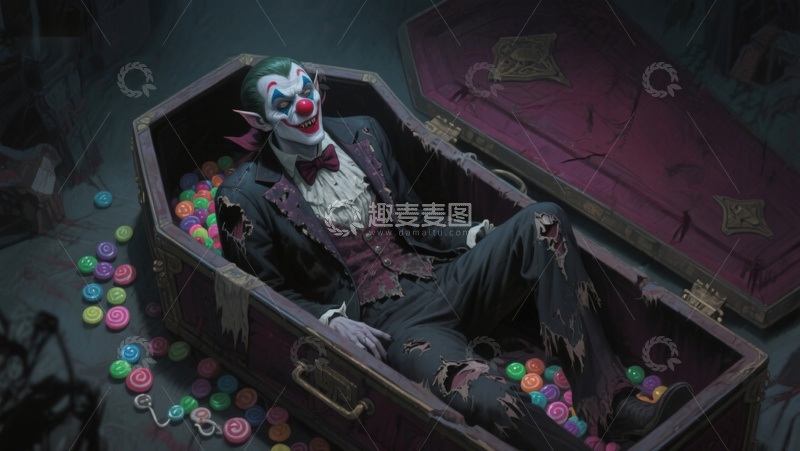 高清大图下载【趣麦麦图】小丑躺在棺材中，周围散落糖果
