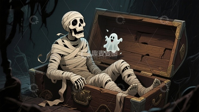 木乃伊坐在打开的棺材中，旁边有小幽灵