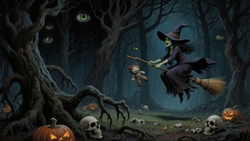 巫师夜行森林，手持扫帚与玩偶