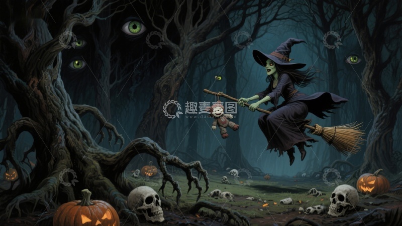 高清大图下载【趣麦麦图】-巫师夜行森林，手持扫帚与玩偶