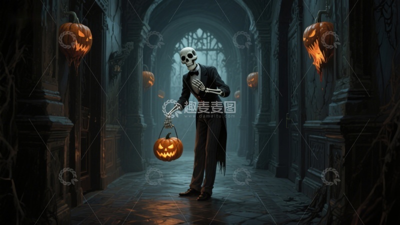 高清大图下载【趣麦麦图】骷髅提灯行走在幽暗拱廊