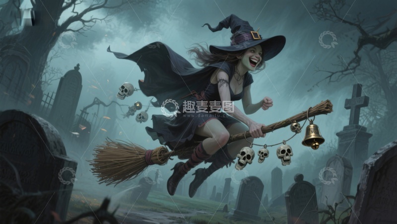 高清大图下载【趣麦麦图】女巫骑扫帚飞越墓地