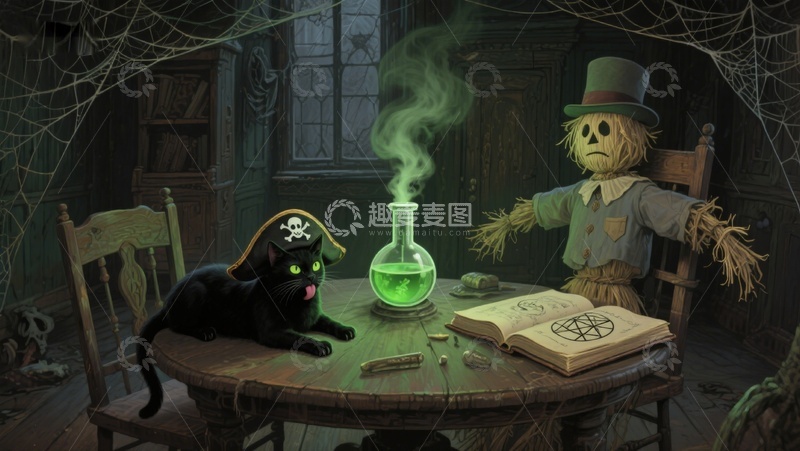 高清大图下载【趣麦麦图】神秘书房中的稻草人与黑猫