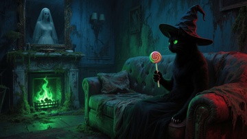 黑猫巫师在幽灵房间中手持糖果