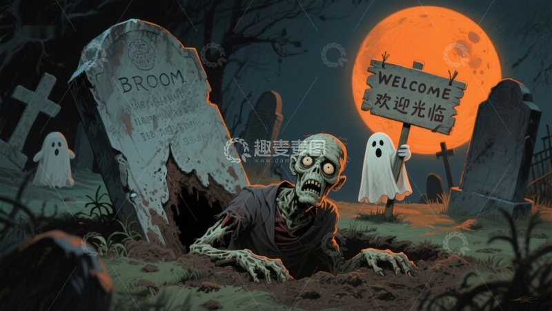 高清大图下载【趣麦麦图】墓地僵尸欢迎夜景