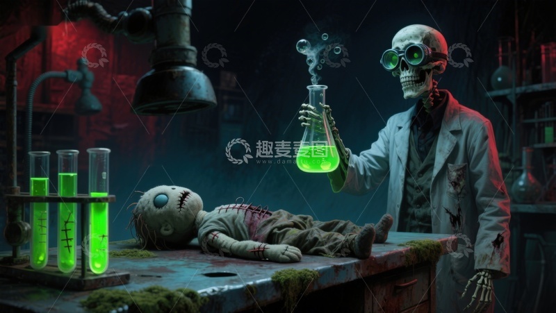 高清大图下载【趣麦麦图】骷髅科学家实验绿色液体