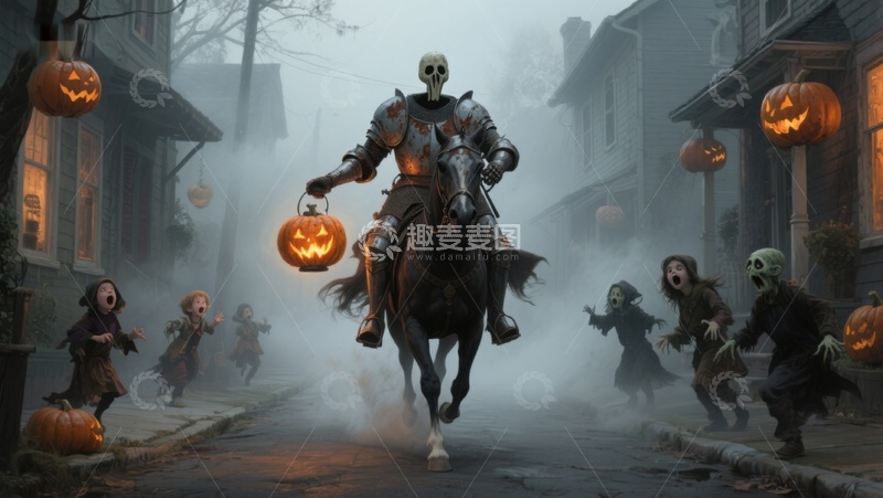 高清大图下载【趣麦麦图】万圣节夜骷髅骑士惊吓孩童