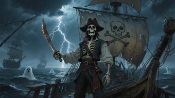 骷髅海盗在暴风雨中航行