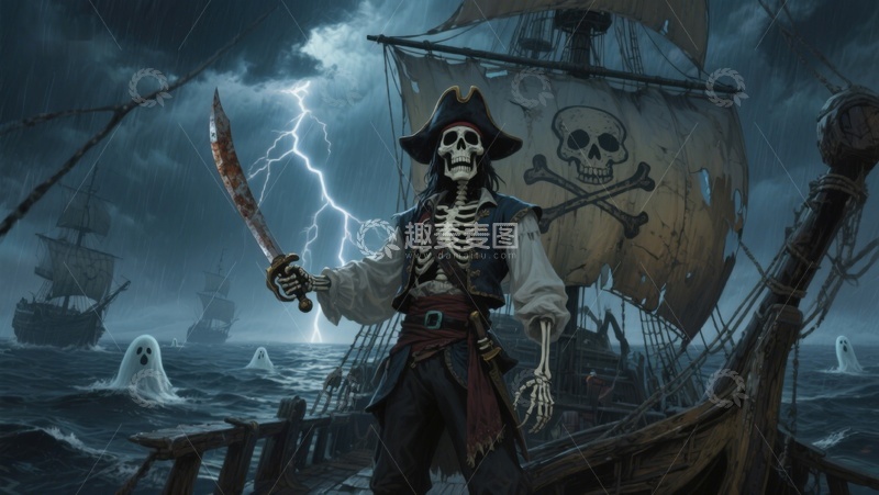 高清大图下载【趣麦麦图】骷髅海盗在暴风雨中航行