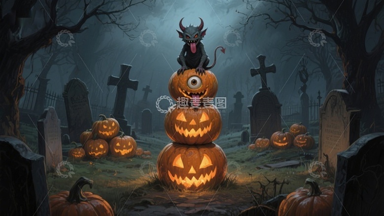万圣节南瓜灯与小恶魔在墓地