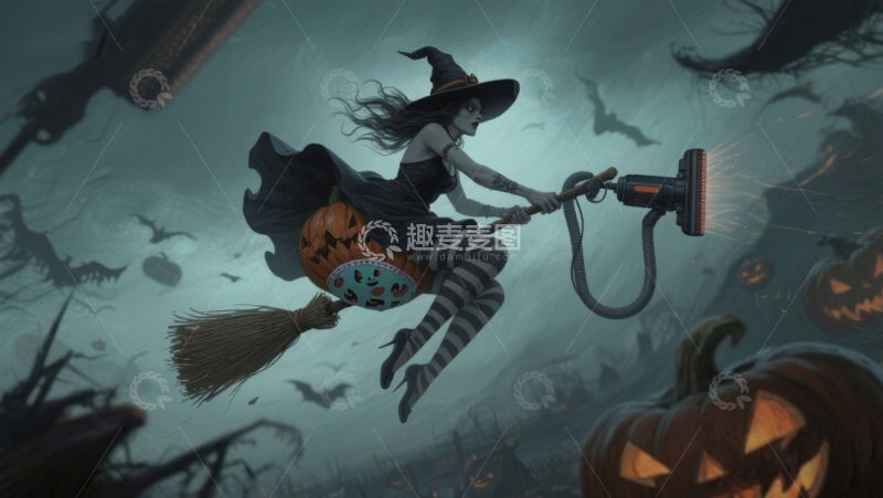 巫女骑帚手持吸尘器，夜空南瓜灯环绕高清模板免费下载-趣麦麦图