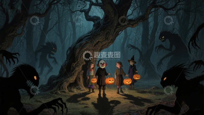 高清大图下载【趣麦麦图】-万圣夜森林中的孩子们