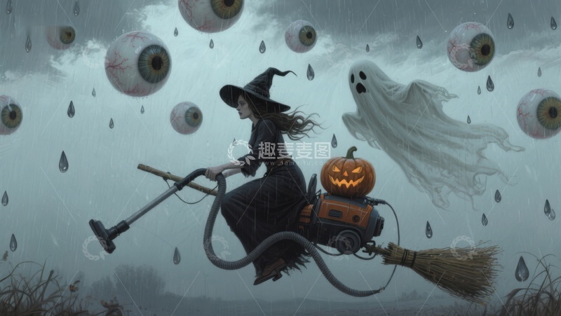 高清大图下载【趣麦麦图】巫女骑吸尘器，南瓜灯伴幽灵飞舞