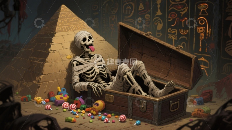 木乃伊从宝箱中探出，金字塔背景