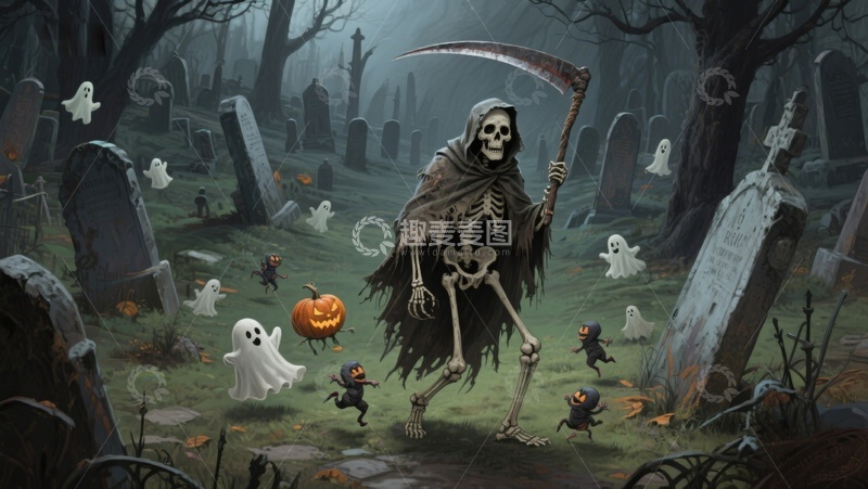 高清大图下载【趣麦麦图】墓地幽灵与骷髅的万圣节夜