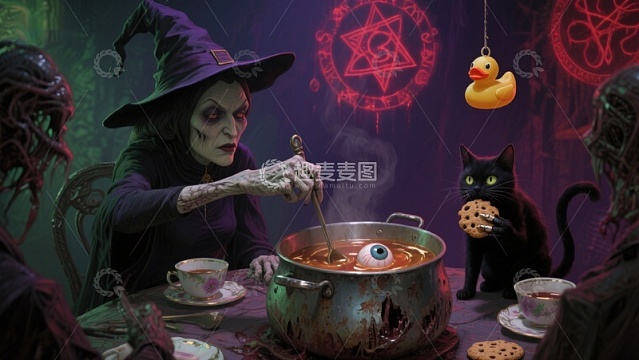 女巫施法，猫与怪物共聚餐桌