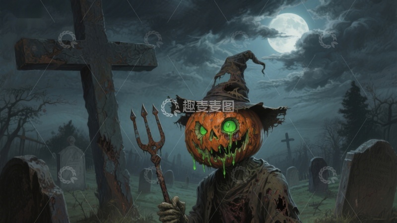 高清大图下载【趣麦麦图】万圣夜墓地南瓜巫师