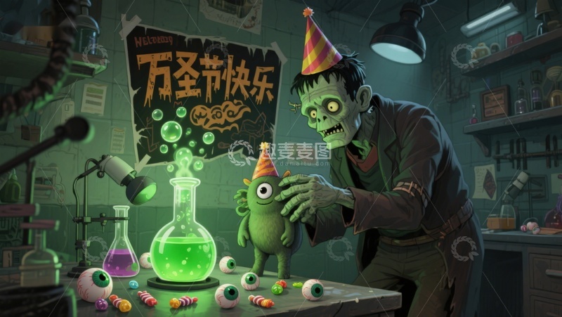 高清大图下载【趣麦麦图】实验室里的万圣节庆祝