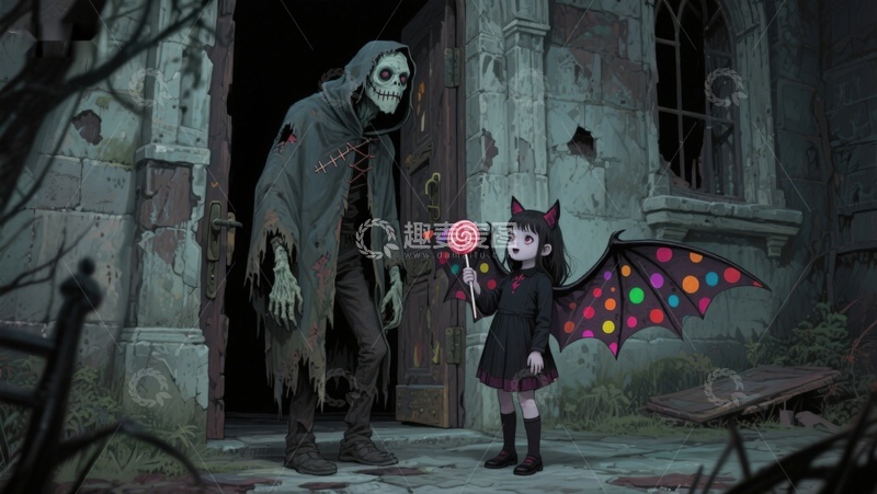 高清大图下载【趣麦麦图】幽暗古堡前的骷髅与小女孩