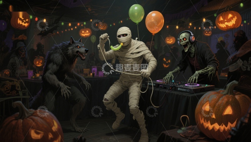 高清大图下载【趣麦麦图】万圣节派对：木乃伊DJ与狼人共舞
