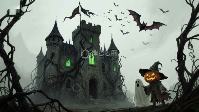 高清大图下载【趣麦麦图】万圣节城堡与幽灵南瓜灯