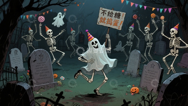 高清大图下载【趣麦麦图】万圣节骷髅舞会，幽灵手持标语