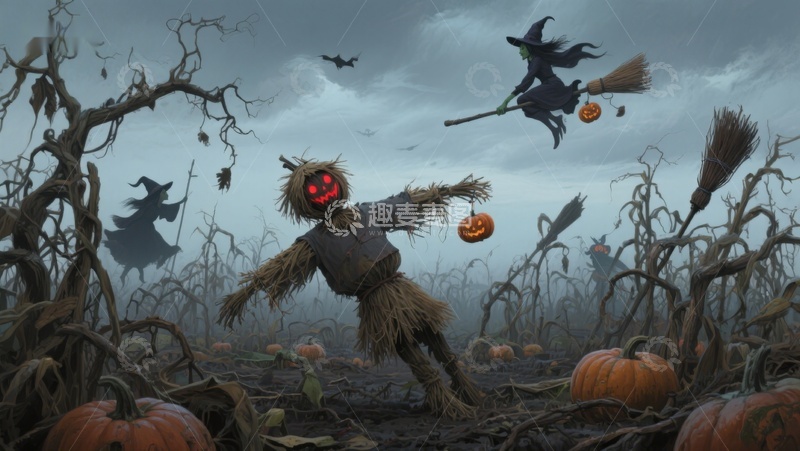高清大图下载【趣麦麦图】万圣节南瓜地里的稻草人与女巫