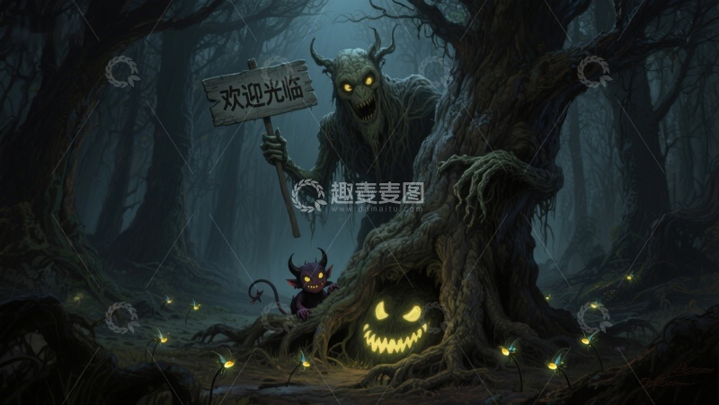 高清大图下载【趣麦麦图】幽暗森林中的神秘怪物与欢迎牌