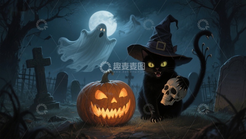 高清大图下载【趣麦麦图】万圣夜墓地里的黑猫与南瓜灯
