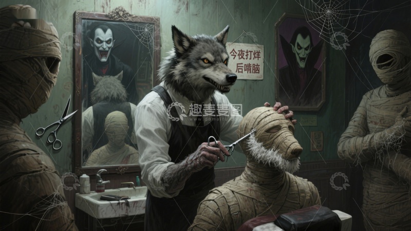 高清大图下载【趣麦麦图】狼人理发师为木乃伊顾客修剪绷带