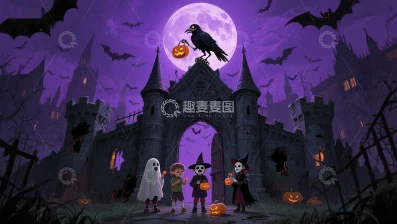 高清大图下载【趣麦麦图】万圣节城堡前的欢乐夜