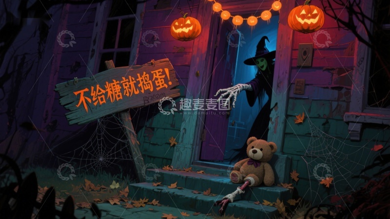 高清大图下载【趣麦麦图】万圣节夜景：不给糖就捣蛋