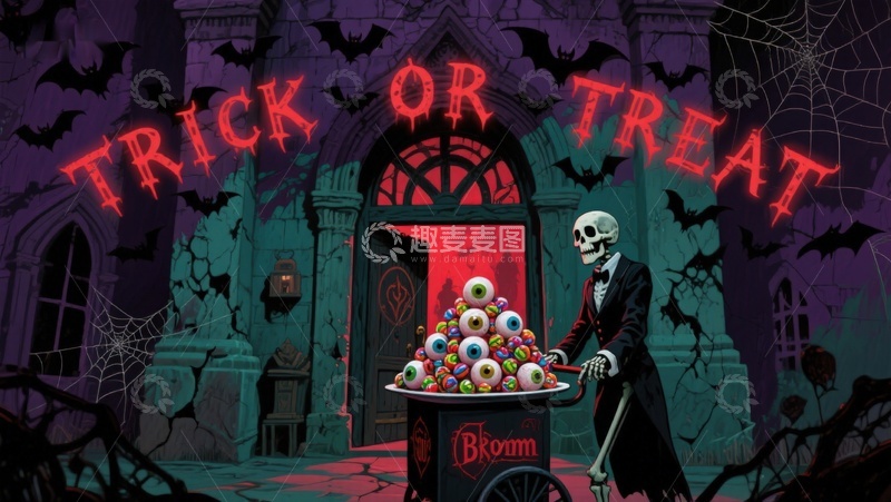 高清大图下载【趣麦麦图】万圣节骷髅迎宾，糖果堆前的神秘城堡