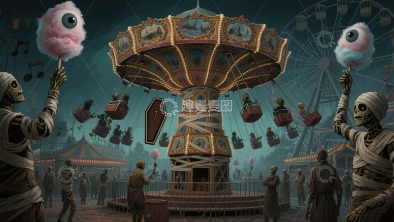 高清大图下载【趣麦麦图】幽灵嘉年华：旋转木马与骷髅舞者