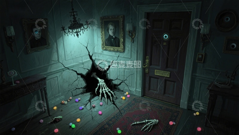 高清大图下载【趣麦麦图】神秘房间中的骷髅与糖果