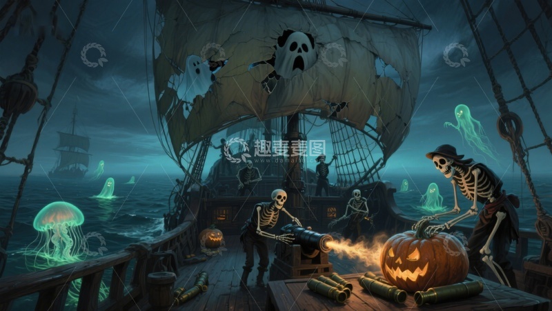 高清大图下载【趣麦麦图】幽灵海盗船上的万圣节夜景