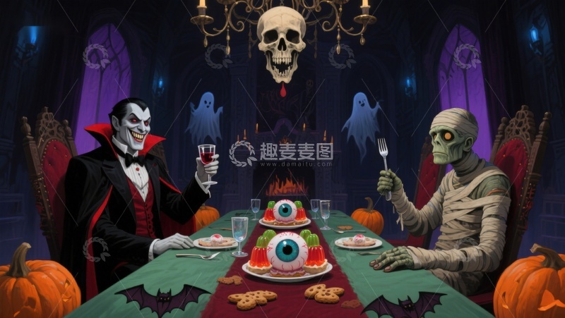 高清大图下载【趣麦麦图】万圣夜盛宴：吸血鬼与木乃伊的晚餐