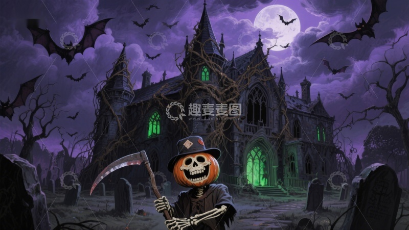 高清大图下载【趣麦麦图】万圣夜骷髅与幽灵古堡