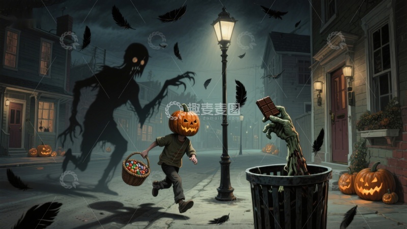 高清大图下载【趣麦麦图】万圣夜惊魂：南瓜灯小孩与幽灵