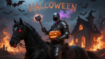 骑士持南瓜灯骑马，背景万圣节夜景