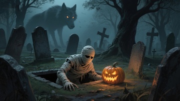 墓地南瓜灯旁的木乃伊与狼