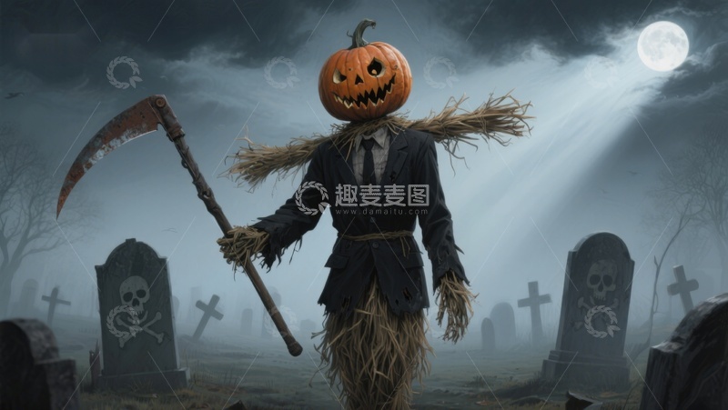高清大图下载【趣麦麦图】南瓜头稻草人手持镰刀在墓地
