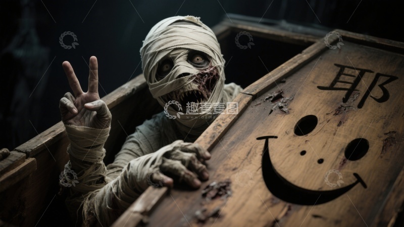 高清大图下载【趣麦麦图】木乃伊从棺材中探出，面带诡异笑容