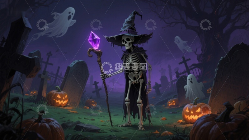 高清大图下载【趣麦麦图】万圣夜骷髅巫师在墓地施法