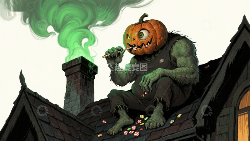 高清大图下载【趣麦麦图】屋顶上的南瓜头怪物