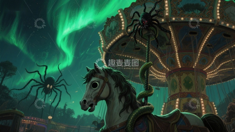高清大图下载【趣麦麦图】-旋转木马上的神秘蜘蛛与极光