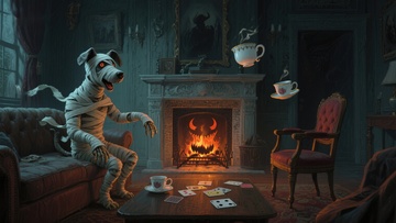 木乃伊狗在客厅玩牌